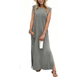 Grecerelle Women Heather Round Neck Loose Split Wrinkle-Free Long Maxi Dress